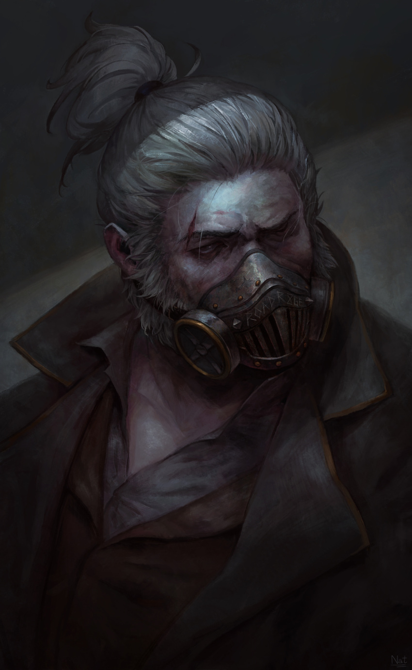 1boy absurdres artist_name beard brown_jacket coat collared_shirt covered_mouth dress_shirt facial_hair gas_mask grey_eyes grey_eyes grey_shirt hair_ornament hair_tie highres jacket looking_at_viewer male_focus mask nat_vitchayed old_man one_eye_closed open_clothes open_coat overwatch ponytail portrait roadhog_(overwatch) scar scar_across_eye serious shirt short_ponytail signature silver_hair white_hair