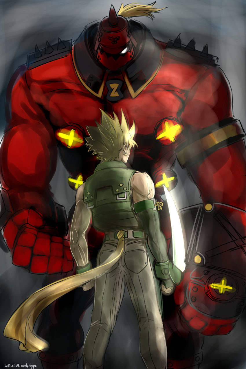 2boys absurdres alternate_color arm_blade blonde_hair chipp_zanuff early_type faceoff guilty_gear guilty_gear_xrd height_difference highres military military_uniform multiple_boys player_2 potemkin_(guilty_gear) single_sleeve spiky_hair uniform weapon