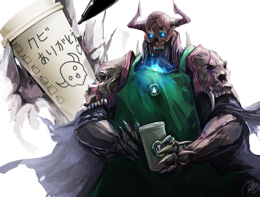 1boy apron armor blue_fire coffee coffee_cup commentary commentary_request cup drawing fate/grand_order fate_(series) fire glowing glowing_eyes green_apron heart highres horns king_hassan_(fate/grand_order) male_focus mask pen re_lucy simple_background skull skull_mask solo starbucks translated twitter_username white_background writing