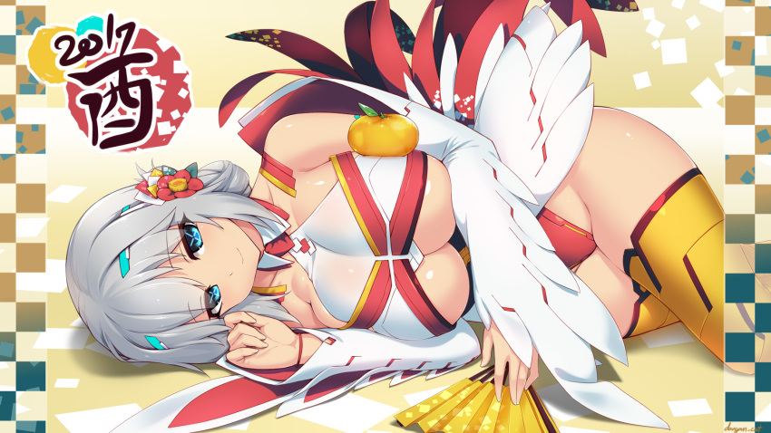 1girl 2017 android artist_name bangs bare_shoulders blue_eyes breasts camellia_(flower) chicken_costume cleavage closed_mouth collarbone dangan_neko detached_sleeves eyebrows_visible_through_hair fan flower folding_fan grey_hair hair_flower hair_ornament halterneck highleg highres kanzashi large_breasts leotard light_smile looking_at_viewer lying on_side oppai_mochi orange_legwear original red_flower red_leotard russia_(dangan_neko) sidelocks signature silver_hair smile solo symbol-shaped_pupils thigh-highs thighs under_boob wallpaper year_of_the_rooster