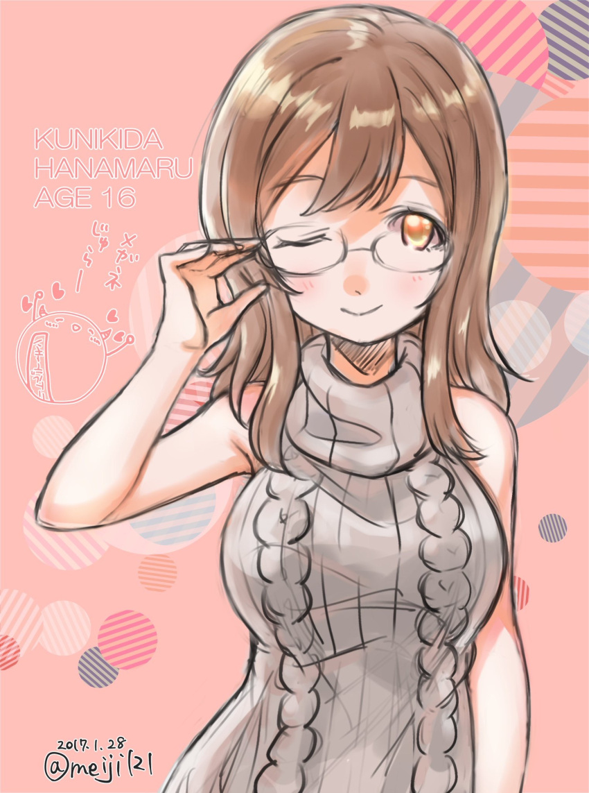 1girl ;) aran_sweater bare_shoulders bespectacled brown_hair character_age character_name circle dated dress glasses hand_on_glasses heart highres kunikida_hanamaru looking_at_viewer love_live! love_live!_sunshine!! meiji_(mosamoo3) one_eye_closed pink_background sleeveless sleeveless_dress sleeveless_turtleneck smile solo striped sweater sweater_dress translation_request turtleneck twitter_username upper_body virgin_killer_sweater yellow_eyes