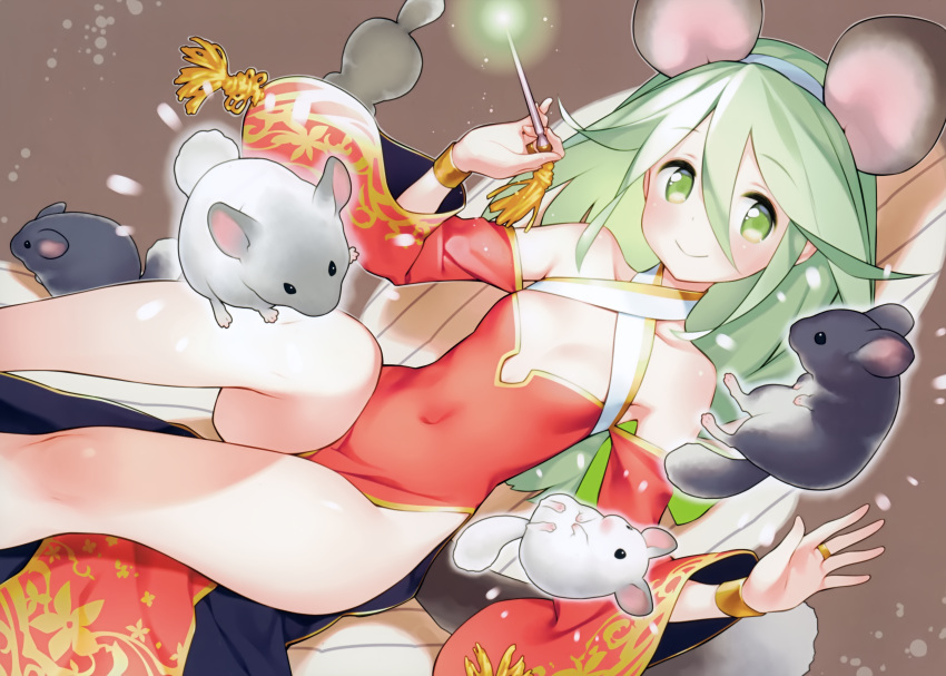 1girl absurdres animal_ears artist_request breasts chinchilla_(animal) covered_navel criss-cross_halter dress dutch_angle fake_animal_ears green_eyes green_hair hair_between_eyes hairband halter_top halterneck highres jewelry mouse_ears red_dress ring scan small_breasts smile solo wide_sleeves wristband