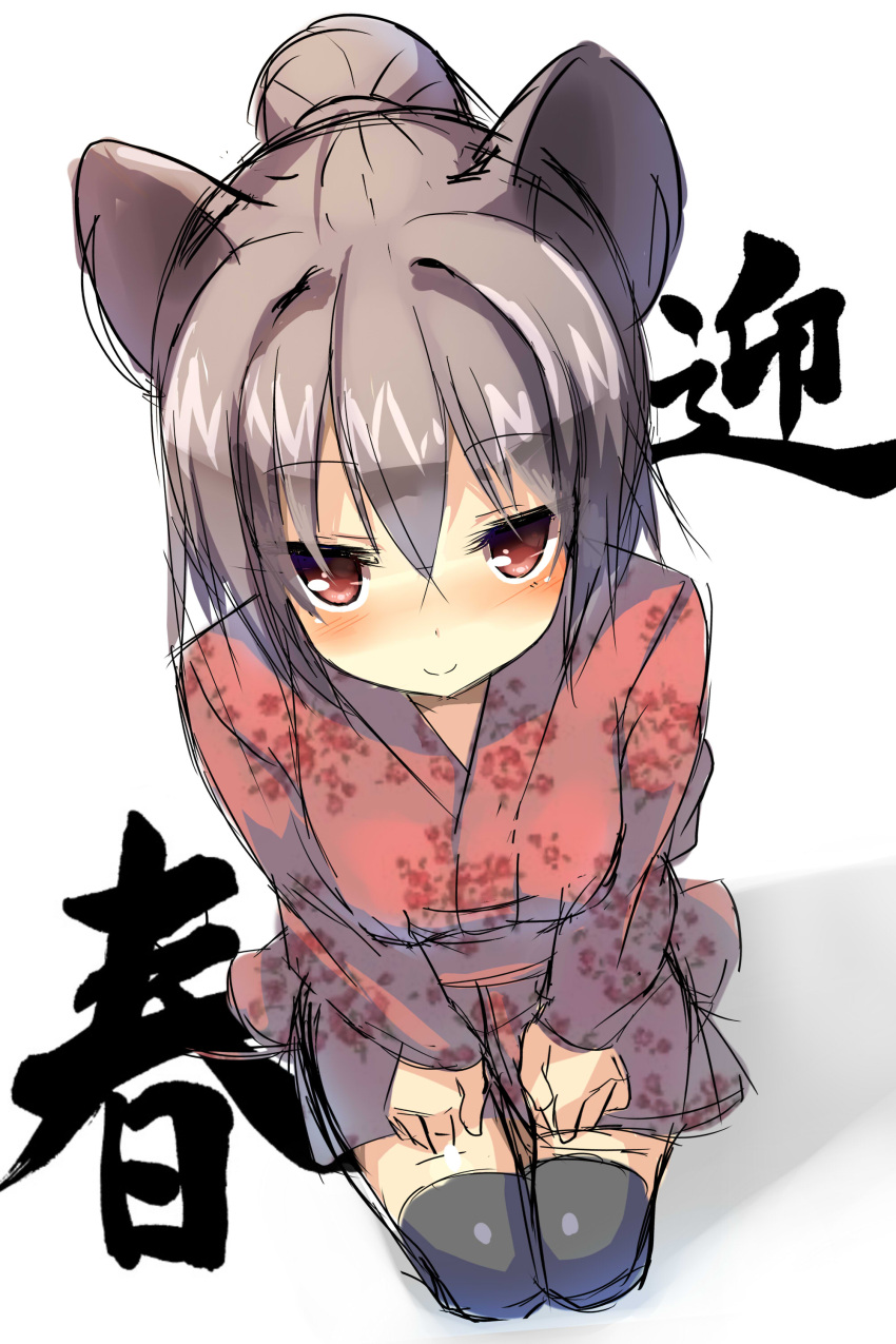 1girl 5240mosu absurdres alternate_costume alternate_hairstyle animal_ears black_legwear blush colored dress floral_print grey_hair hair_bun highres japanese_clothes kimono long_sleeves looking_at_viewer looking_up mouse_ears nazrin obi red_dress red_eyes ribbon sash simple_background sitting sketch smile solo text thigh-highs touhou white_background wide_sleeves zettai_ryouiki