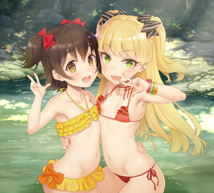 2girls akagi_miria bangle bikini black_hair blonde_hair bow bracelet brown_eyes fangs flat_chest frilled_bikini frills green_eyes hair_bow idolmaster idolmaster_cinderella_girls jewelry jougasaki_rika long_hair looking_at_viewer multiple_girls navel open_mouth river short_hair smile swimsuit terumii twintails two_side_up w