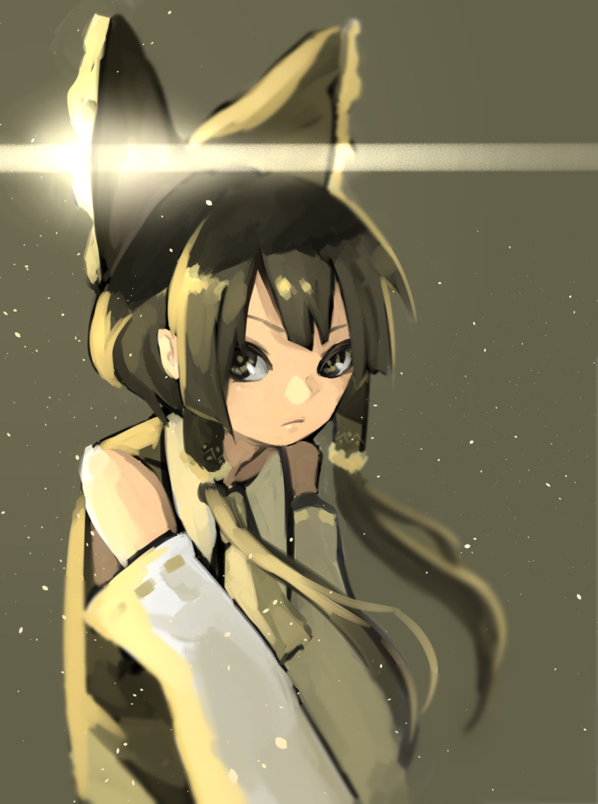 1girl ascot backlighting bangs blunt_bangs blurry bow detached_sleeves ears expressionless grey_background hair_bow hair_tubes hakurei_reimu highres light light_particles light_trail looking_at_viewer monochrome nakano_elsa ribbon-trimmed_sleeves ribbon_trim shiny shiny_hair short_hair simple_background solo touhou upper_body