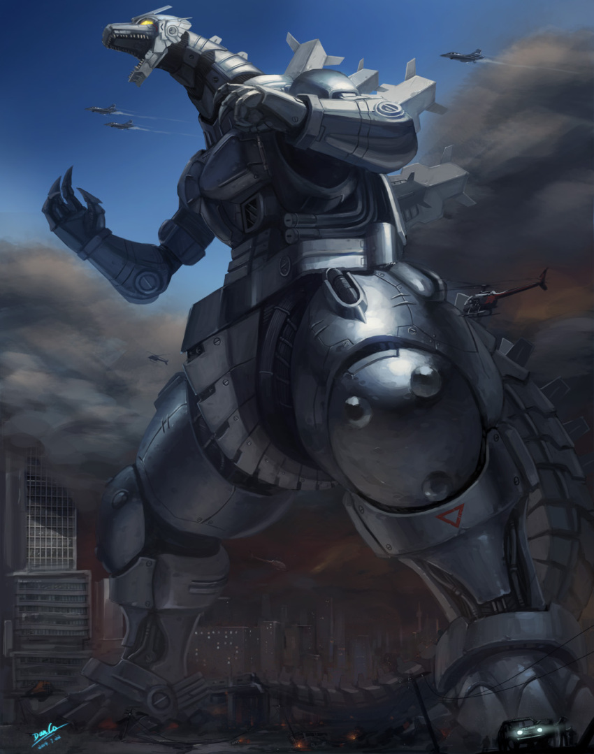 aircraft airplane blue_sky building car city claws damaged dated duan_henglong f-2 fighter_jet godzilla_(series) ground_vehicle helicopter highres japan_air_self-defense_force jet kiryu mecha mechagodzilla military military_vehicle motor_vehicle power_lines roaring signature sky smoke weapon