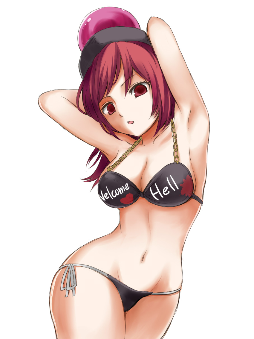 1girl absurdres arms_up bikini black_bikini breasts chains cleavage clothes_writing cowboy_shot gold_chain hecatia_lapislazuli highres looking_at_viewer navel polos_crown red_eyes redhead side-tie_bikini simple_background solo swimsuit techi_(techi35499) touhou white_background