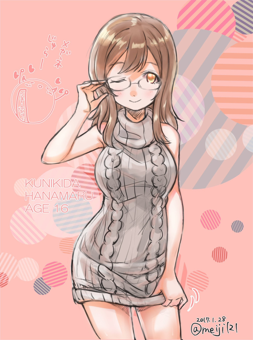 1girl ;) aran_sweater bare_shoulders bespectacled brown_hair character_age character_name circle commentary_request cowboy_shot dated dress glasses hand_on_glasses heart highres holding_dress kunikida_hanamaru looking_at_viewer love_live! love_live!_sunshine!! meiji_(mosamoo3) one_eye_closed pink_background sleeveless sleeveless_dress sleeveless_turtleneck smile solo striped sweater sweater_dress translation_request turtleneck twitter_username virgin_killer_sweater yellow_eyes