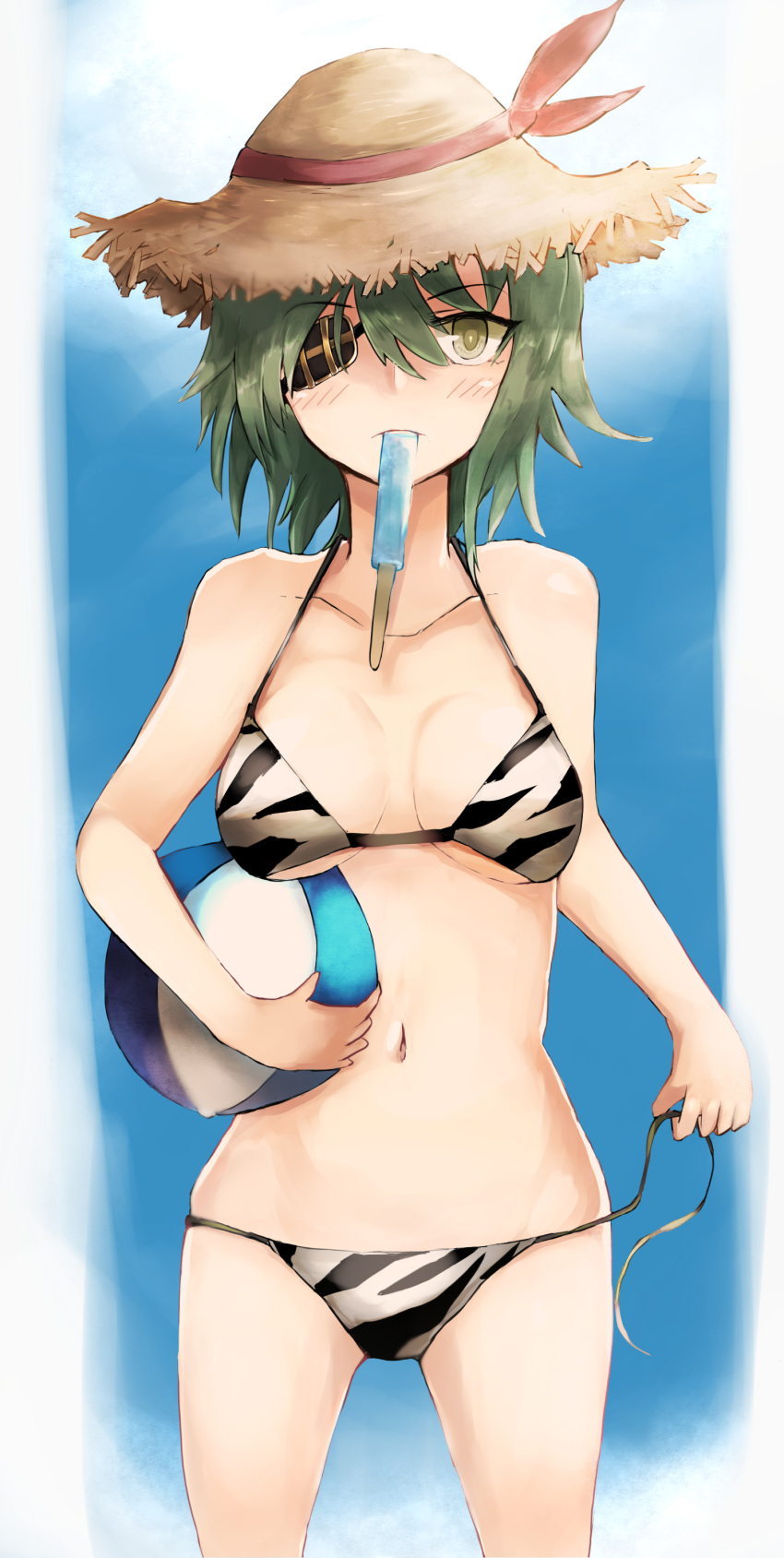 1girl absurdres ball beachball bikini breasts cleavage collarbone commentary_request food green_hair hair_between_eyes hat highres kantai_collection kiso_(kantai_collection) looking_at_viewer medium_breasts mouth_hold popsicle short_hair side-tie_bikini solo ssadddsa_(dime_zero) straw_hat striped striped_bikini sun_hat swimsuit yellow_eyes