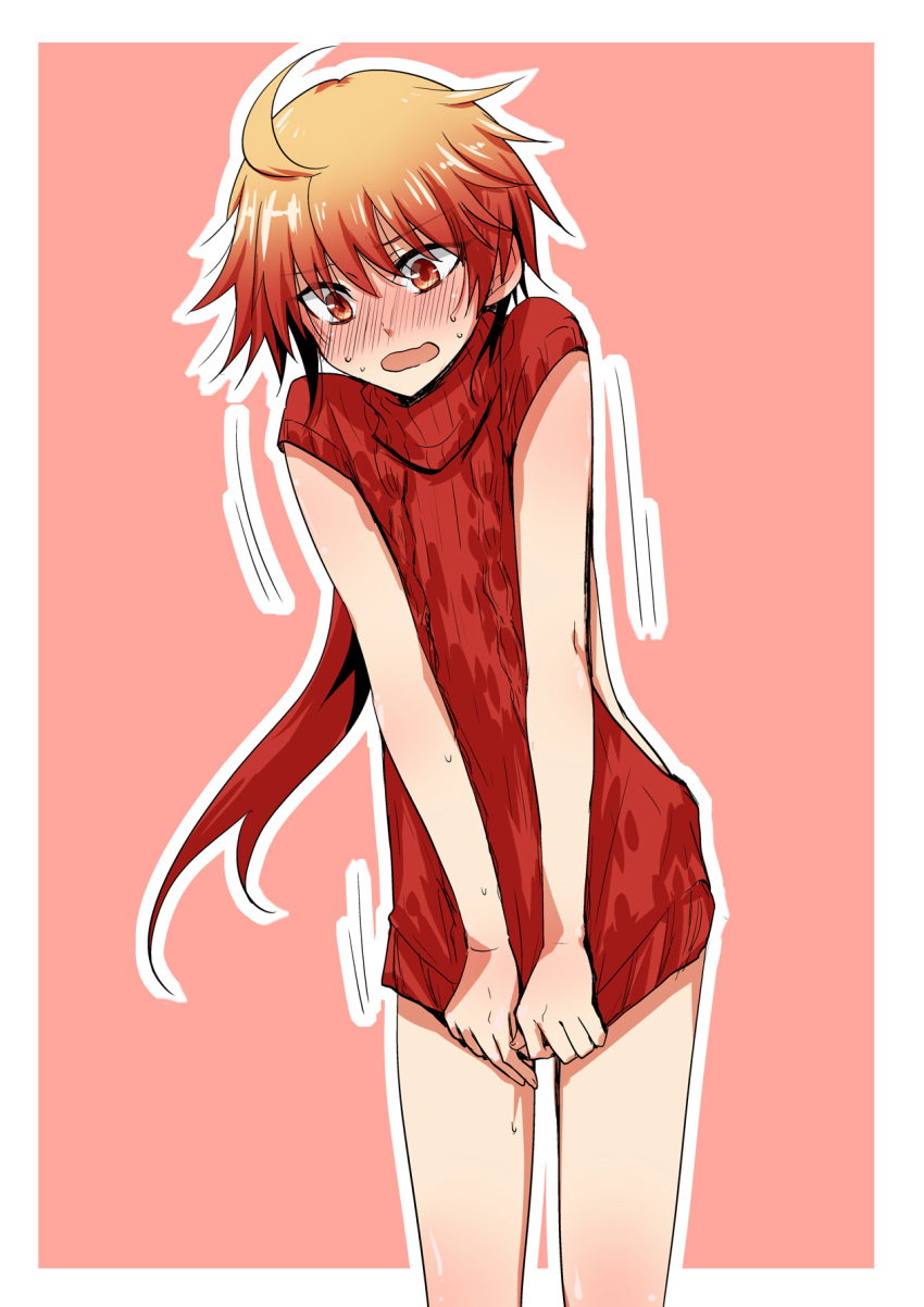 1boy ahoge aran_sweater backless_outfit blush commentary_request covering covering_crotch dress embarrassed fate/grand_order fate_(series) gradient_hair halterneck highres looking_down male_focus multicolored_hair open-back_dress rama_(fate/grand_order) red_eyes redhead ribbed_sweater sketch solo sweat sweater sweater_dress trap two-tone_background undersized_clothes virgin_killer_sweater