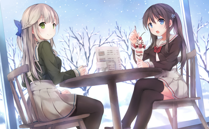 2girls artist_name bangs black_legwear blonde_hair blue_eyes blue_sky bow braid chair cherry cream cream_on_face cup day dutch_angle eating eyebrows_visible_through_hair ezoshika_gg food food_on_face fruit green_eyes hair_bow hair_ornament half_updo highres holding holding_cup long_hair long_sleeves looking_at_viewer menu multiple_girls open_mouth original pantyhose parfait pleated_skirt school_uniform serafuku shoes sidelocks sitting skirt sky smile snow snowing table thigh-highs tree twintails