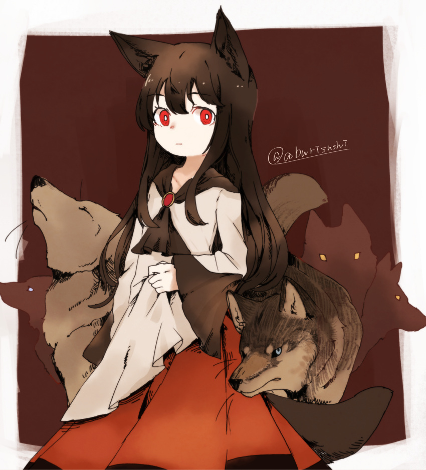 1girl abukawa_honpo animal_ears brown_hair expressionless highres imaizumi_kagerou long_hair looking_at_viewer red_eyes shirt skirt tail touhou twitter_username wide_sleeves wolf wolf_ears wolf_tail