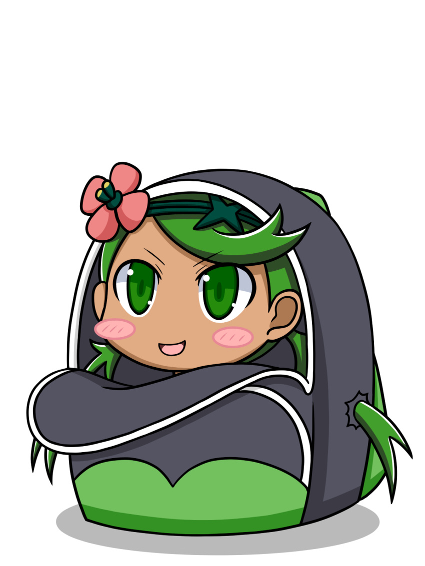 &gt;:d 1girl :d backpack bag bangs blush_stickers chagama_(tyagama0927) chibi dark_skin flower green_eyes green_hair hair_flower hair_ornament hairband highres in_bag in_container long_hair looking_at_viewer mallow_(pokemon) open_bag open_mouth pokemon pokemon_(game) pokemon_sm shadow simple_background smile solo trial_captain twintails white_background