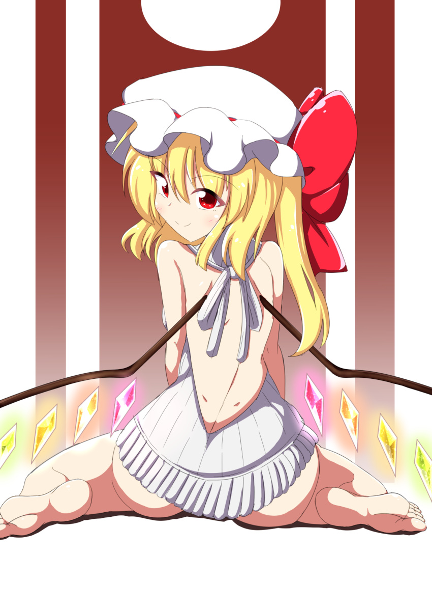 1girl backless_outfit blonde_hair bow commentary_request crystal dress flandre_scarlet frilled_hat frills halterneck hat hat_bow hat_ribbon highres kagayama_hajime kneeling looking_at_viewer looking_back naked_sweater open-back_dress open-chest_sweater red_eyes red_ribbon ribbon side_ponytail smile solo sweater sweater_dress touhou virgin_killer_sweater white_hat wings