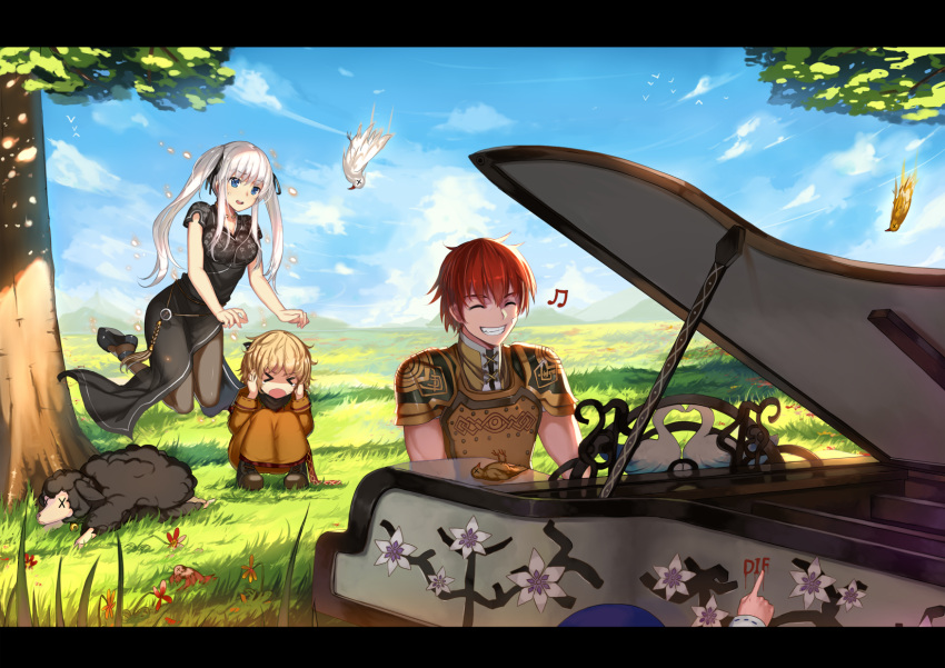 &gt;_&lt; 1girl 2boys animal bird black_legwear black_sheep blood blood_writing blue_eyes blush character_request closed_eyes eyebrows_visible_through_hair highres instrument long_hair looking_at_another looking_away mabinogi multiple_boys musical_note open_mouth pantyhose piano redhead sheep short_hair silver_hair smile teeth twintails weiyinji_xsk