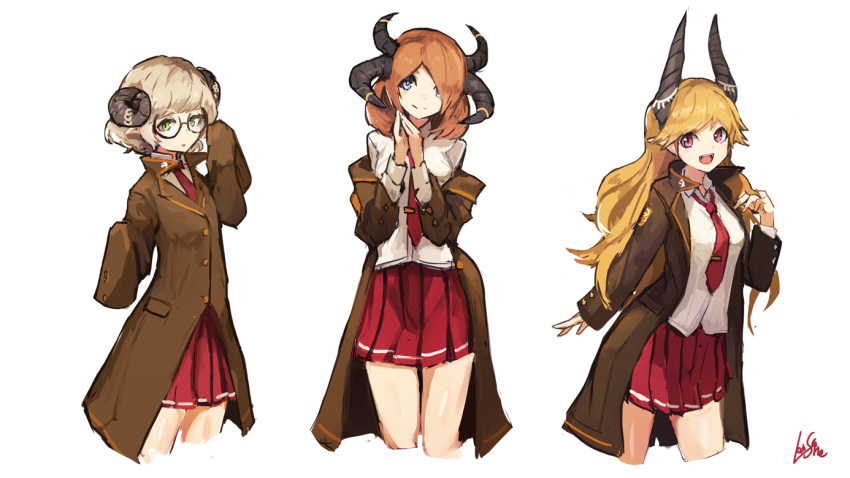 3girls :d adjusting_glasses blonde_hair blue_eyes brown_coat brown_hair coat cropped_legs glasses green_eyes hair_over_one_eye hands_together horns lansane long_coat long_hair looking_at_viewer multiple_girls necktie open_mouth original pleated_skirt red_necktie red_skirt shirt short_hair signature simple_background skirt sleeves_past_wrists smile white_background white_shirt