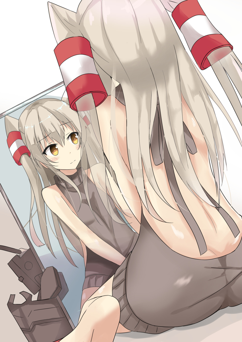 1girl amatsukaze_(kantai_collection) ass backless_outfit bare_arms bare_shoulders breasts butt_crack dress dutch_angle hair_tubes halterneck highres kantai_collection kugehi mirror naked_sweater open-back_dress reflection rensouhou-kun ribbed_sweater sideboob silver_hair sitting sweater sweater_dress turtleneck turtleneck_sweater two_side_up virgin_killer_sweater yellow_eyes