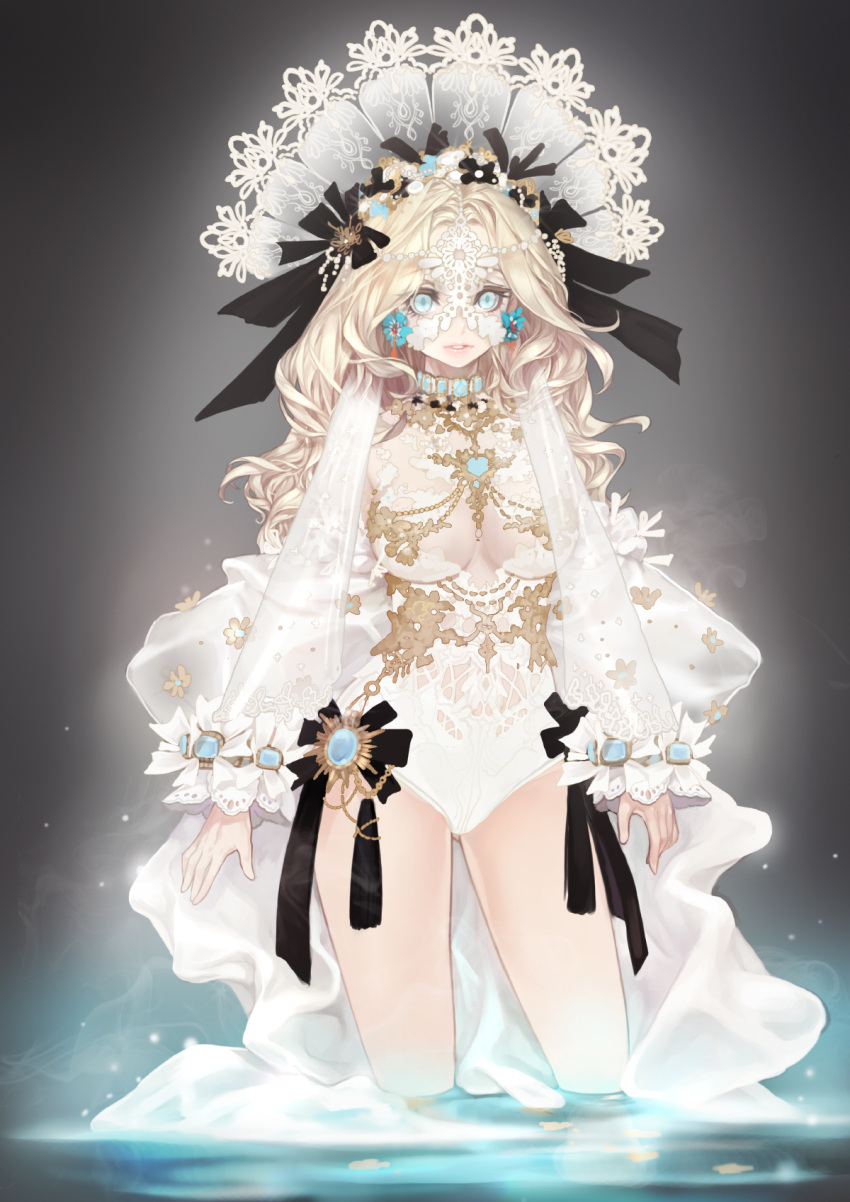 1girl bare_shoulders blonde_hair blue_eyes collar cowboy_shot detached_sleeves earrings hat highres jewelry lace mask necklace olivia_(yh) original parted_lips partially_submerged solo standing wavy_hair