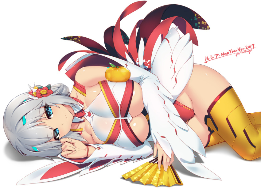 1girl 2017 android artist_name bangs bare_shoulders blue_eyes breasts camellia_(flower) character_name chicken_costume cleavage closed_mouth collarbone dangan_neko detached_sleeves eyebrows_visible_through_hair fan flower folding_fan grey_hair hair_flower hair_ornament halterneck highleg kanzashi large_breasts leotard light_smile looking_at_viewer lying on_side oppai_mochi orange_legwear original red_flower red_leotard russia_(dangan_neko) sidelocks signature silver_hair simple_background smile solo symbol-shaped_pupils thigh-highs thighs under_boob white_background year_of_the_rooster