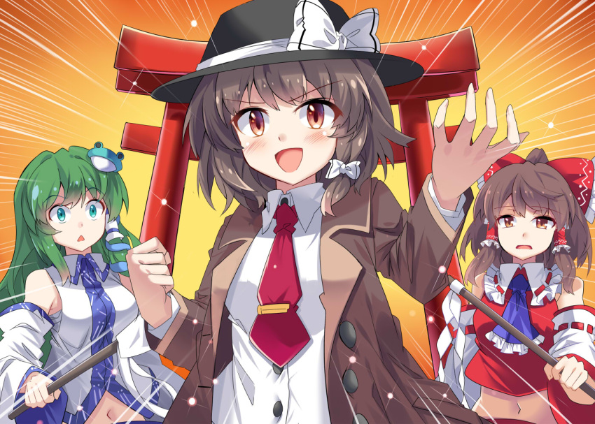 &gt;:d 3girls :d ascot black_hat blue_ascot bow brown_coat brown_eyes brown_hair buttons coat collar collared_shirt commentary_request detached_sleeves e.o. fedora frilled_collar frills frog_hair_ornament gohei green_eyes green_hair hair_bow hair_ornament hair_ribbon hair_tubes hakurei_reimu hat hat_bow kochiya_sanae long_hair looking_at_viewer midriff multiple_girls navel necktie open_mouth orange_background orange_eyes red_bow red_necktie ribbon ribbon-trimmed_sleeves ribbon_trim sarashi shirt sidelocks smile snake_hair_ornament surprised torii touhou tress_ribbon triangle_mouth usami_renko white_bow white_shirt wide_sleeves