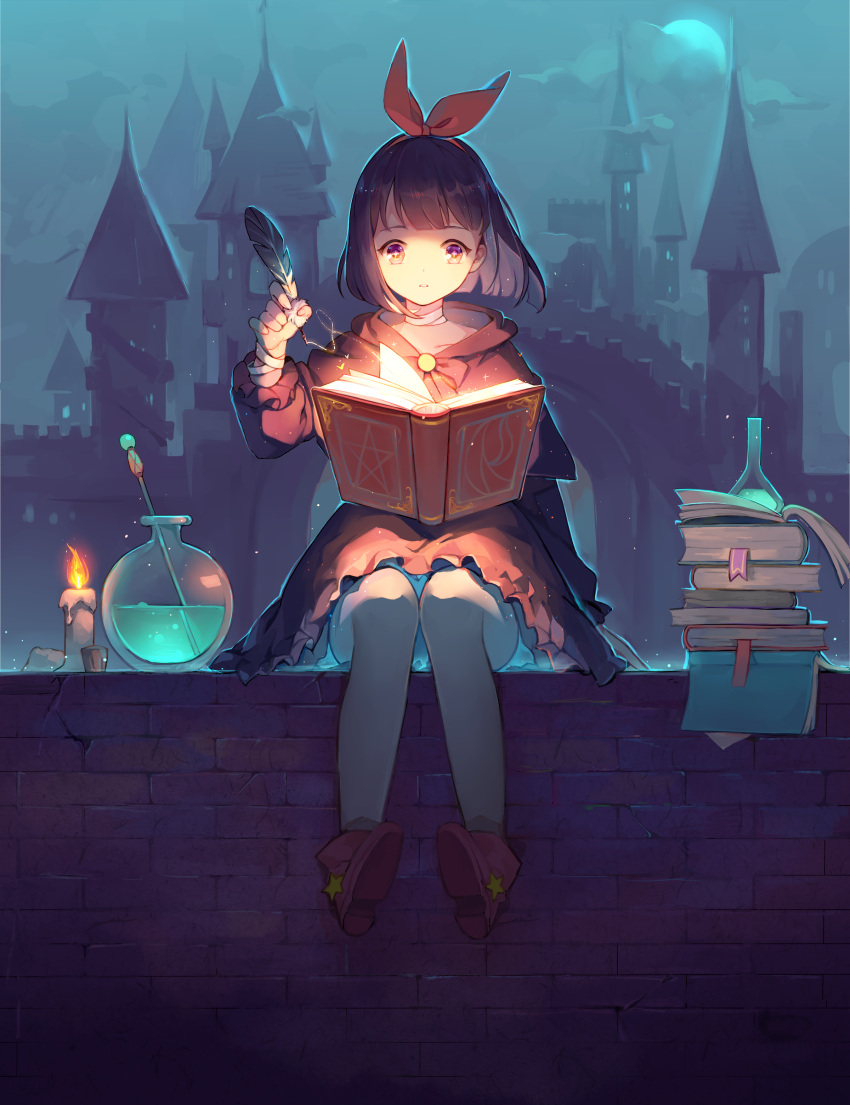 +_+ 1girl absurdres arm_at_side black_hair book book_stack boots brick_wall candle capelet castle clouds collarbone erlenmeyer_flask fire full_body full_moon glowing hair_ribbon highres holding knees_together_feet_apart light_particles long_sleeves moon night open_book original outdoors parted_lips quill red_ribbon ribbon round-bottom_flask shell_(wwwtrista) sitting skirt sky solo sparkle star wind witch