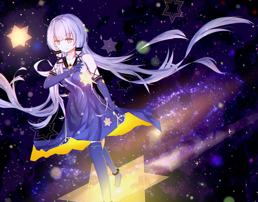 1girl bare_shoulders dress elbow_gloves long_hair looking_at_viewer orange_eyes purple_hair smile solo stardust_(vocaloid) stockings tagme thigh_highs