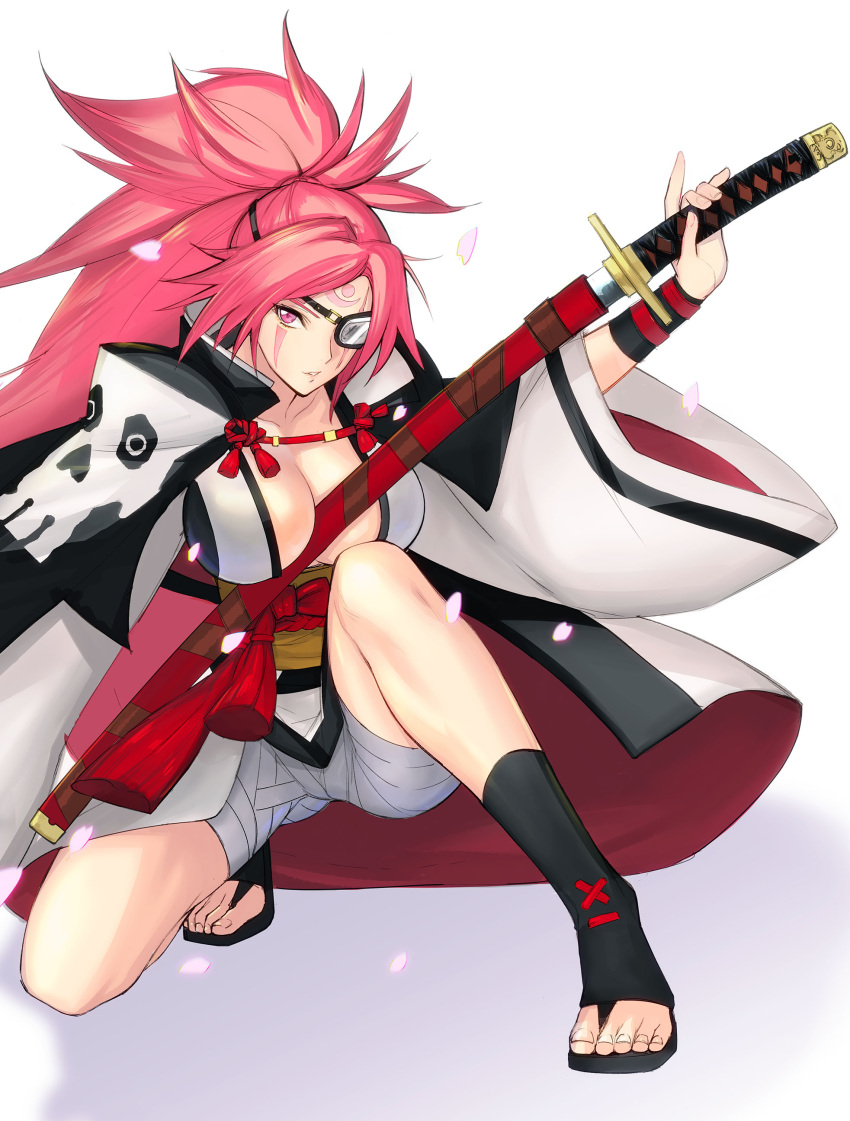 1girl absurdres amputee baiken boots breasts cleavage eye_scar eyepatch facial_tattoo guilty_gear guilty_gear_xrd highres large_breasts long_hair one-eyed pink_eyes pink_hair ponytail sarashi scar scar_across_eye sheath sheathed solo sword tattoo tetsu_(kimuchi) toeless_boots weapon