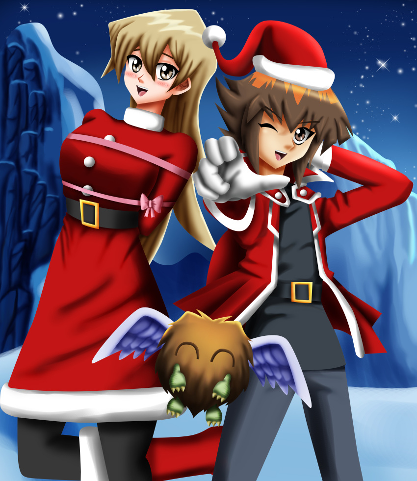 arms_behind_back blonde_hair bound brown_eyes brown_hair christmas happy holiday pink_ribbon ribbon sincity2100 snow tenjouin_asuka tied_up winged_kuriboh x-mas yu-gi-oh! yuuki_juudai