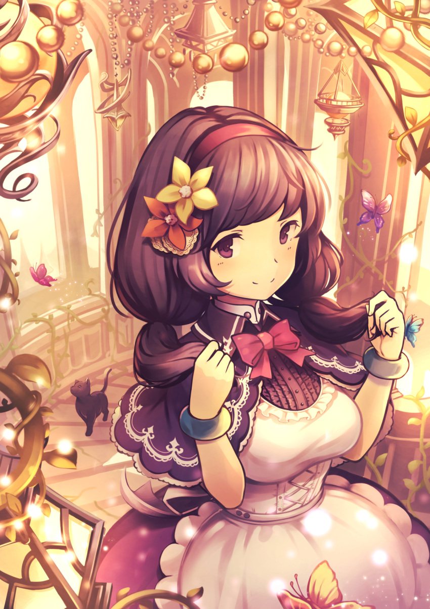1girl apron bangs black_cat blush bow bracelet breasts brown_hair butterfly capelet cat closed_mouth flower frilled_apron frills gazebo gogatsu_no_renkyuu hair_flower hair_ornament hairband hands_up highres holding holding_hair indoors jewelry large_breasts looking_at_viewer low_twintails original plant red_bow red_flower red_ribbon ribbon scales smile solo swept_bangs twintails vines violet_eyes yellow_flower