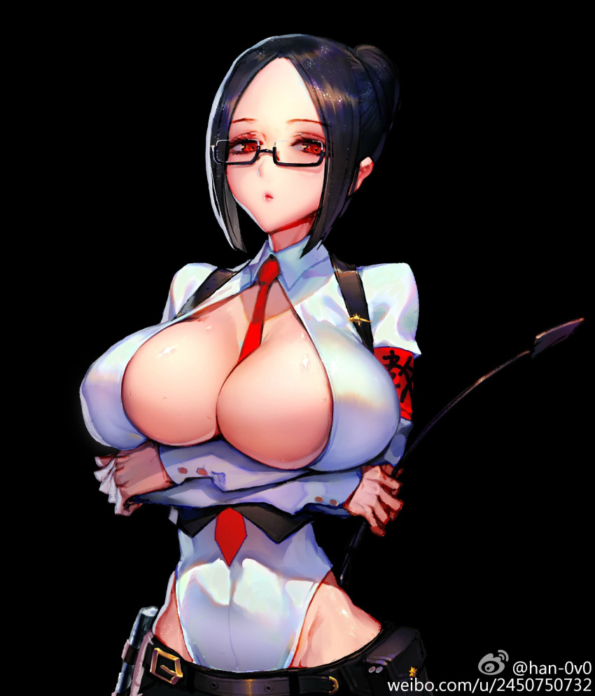 1girl armband artist_name belt belt_buckle between_breasts black_background black_hair black_pants breast_hold breast_rest breasts buckle buttons cleavage collared_shirt covered_navel eyebrows_visible_through_hair eyelashes glasses groin hair_bun han-0v0 highleg highres holding large_breasts lips long_sleeves looking_at_viewer necktie open_clothes open_shirt original pants parted_lips red_eyes red_necktie riding_crop semi-rimless_glasses shirt short_hair sidelocks simple_background solo strap teacher upper_body watermark web_address white_shirt