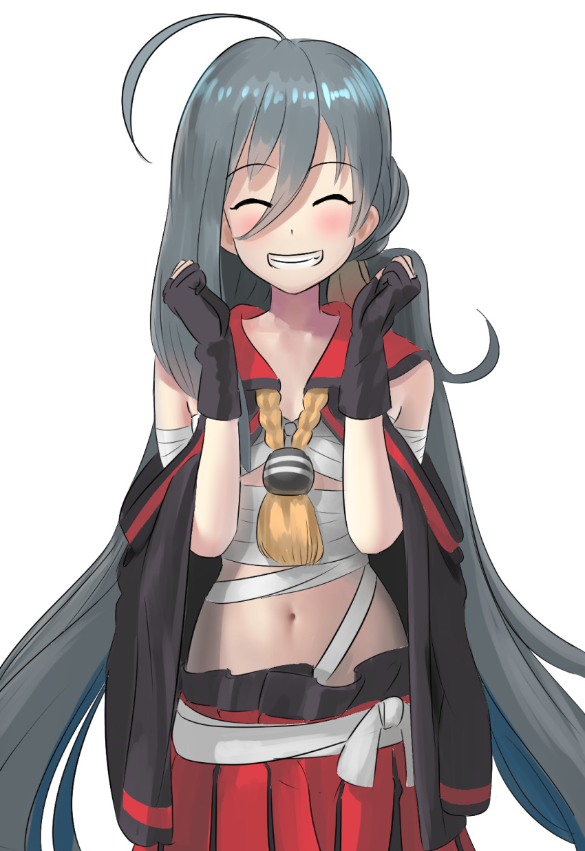 1girl ahoge alternate_costume ao_iro bare_shoulders blush budget_sarashi clenched_hands cosplay eyebrows_visible_through_hair gloves grey_hair hair_over_one_eye highres kantai_collection kiyoshimo_(kantai_collection) long_hair low_twintails midriff musashi_(kantai_collection) musashi_(kantai_collection)_(cosplay) navel sarashi simple_background smile solo twintails very_long_hair