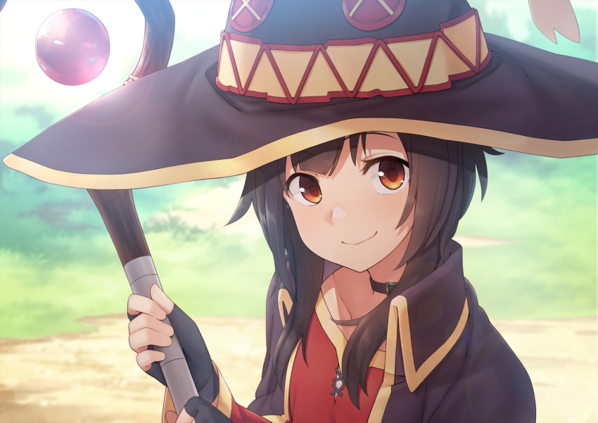 1girl bangs brown_hair choker closed_mouth coat collarbone dacchi dress fingerless_gloves gloves hat highres holding holding_staff kono_subarashii_sekai_ni_shukufuku_wo! long_sleeves looking_at_viewer megumin red_eyes short_hair smile solo staff upper_body witch_hat