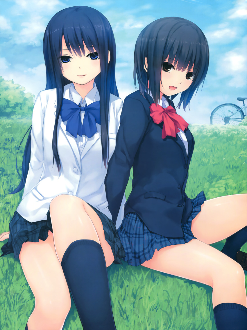 2girls absurdres aoyama_sumika arm_support bicycle black_hair black_legwear blue_bow blue_eyes blue_skirt bow bowtie brown_eyes coffee-kizoku eyebrows_visible_through_hair grass ground_vehicle highres huge_filesize long_hair looking_at_viewer multiple_girls open_mouth original outdoors pleated_skirt red_bow shiramine_rika shirt short_hair sitting skirt white_shirt