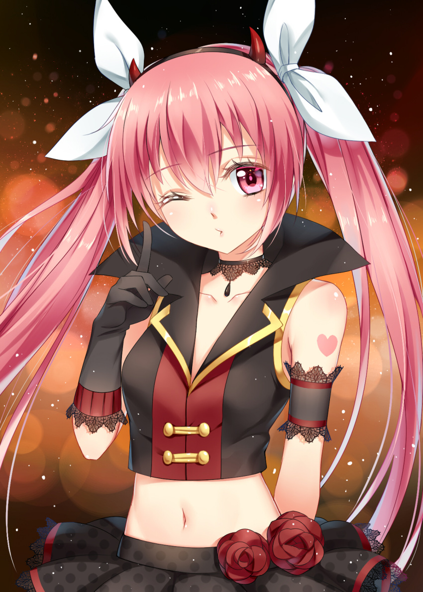 1girl arm_behind_back armband bare_shoulders black_gloves choker collarbone costume crop_top date_a_live demon_horns flower gloves groin haneru heart highres horns index_finger_raised itsuka_kotori long_hair midriff miniskirt navel one_eye_closed pink_eyes pink_hair pleated_skirt pouty_lips rose skirt solo twintails