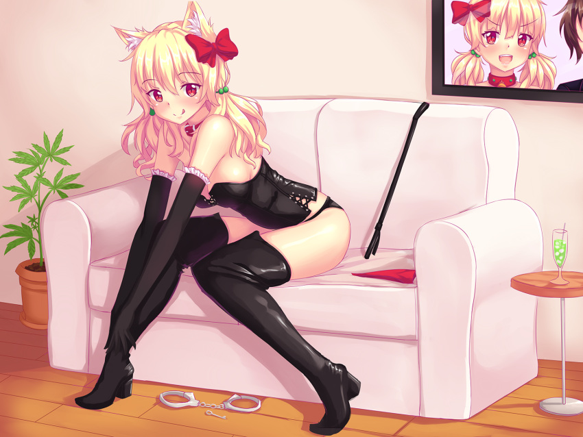 1girl :q animal_ears bare_shoulders black_corset black_gloves black_panties blonde_hair boots bow breasts cat_ears cleavage collar corset couch cuffs drink earrings elbow_gloves eyebrows_visible_through_hair fast-runner-2024 gloves hair_bow handcuffs highres jewelry key leaning_forward licking_lips long_hair looking_at_viewer medium_breasts naala original panties picture_(object) plant red_eyes riding_crop sitting solo table thigh-highs thigh_boots tongue tongue_out twintails underwear whip