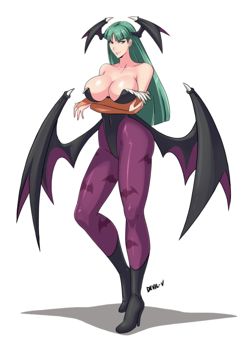 &gt;:) 1girl absurdres animal_print bangs bare_shoulders bat_print bat_wings black_boots boots breast_hold breasts bridal_gauntlets cleavage closed_mouth collarbone covered_navel crossed_arms demon_girl devil-v full_body green_eyes green_hair head_wings high_heel_boots high_heels highleg highleg_leotard highres large_breasts leotard long_hair looking_at_viewer morrigan_aensland pantyhose parted_bangs print_legwear smile solo standing succubus vampire_(game) wings