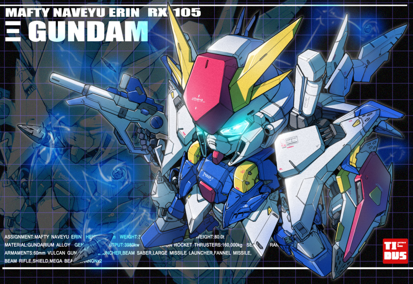 artist_name beam_rifle blue_eyes character_profile chibi energy_gun english funnels glowing glowing_eyes gundam gundam_hathaway's_flash mecha no_humans profile sd_gundam shield tidus_(pride111708) weapon xi_gundam