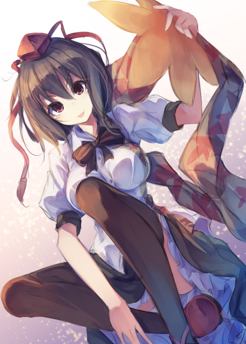 1girl :p black_bow black_bowtie black_hair black_legwear blush bow bowtie breasts convenient_leg crossed_ankles dutch_angle fal_maro fan feather_fan gradient gradient_background hat hauchiwa highres leaf looking_at_viewer maple_leaf medium_breasts puffy_short_sleeves puffy_sleeves red_eyes scarf shameimaru_aya shirt short_hair short_sleeves simple_background skirt smile solo string thigh-highs tokin_hat tongue tongue_out touhou upskirt white_background