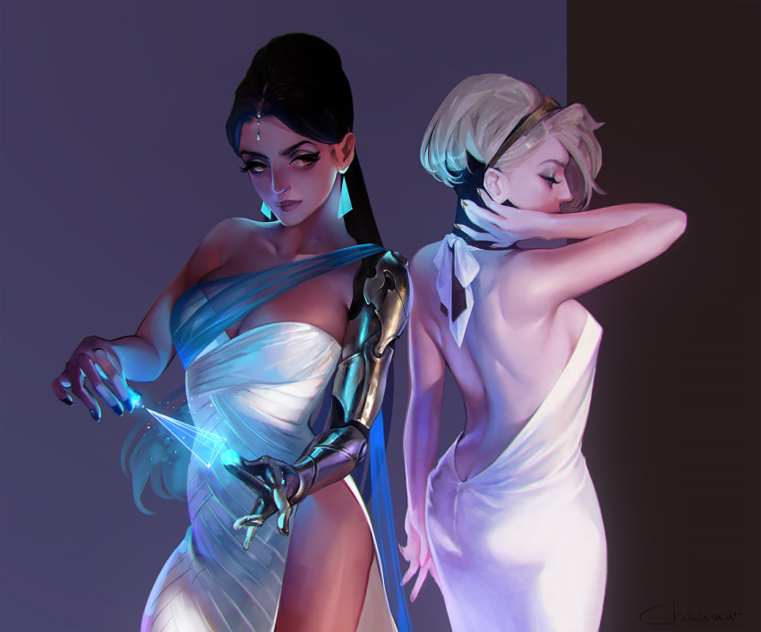 2girls alternate_hairstyle arm_behind_head back black_hair blonde_hair breasts butt_crack chatalaw cleavage dark_skin dress hair_ornament hairband highres holographic_interface mechanical_arm mercy_(overwatch) multiple_girls nail_polish open-back_dress overwatch sash side_slit sideboob symmetra_(overwatch) white_dress