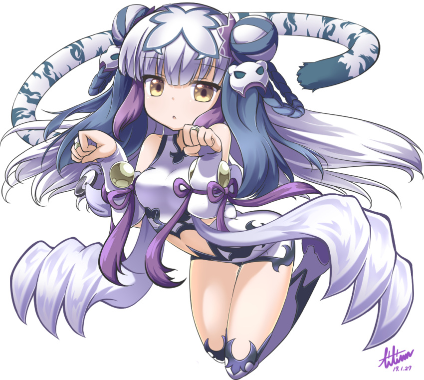 1girl bare_shoulders blue_hair braid bridal_gauntlets chinese_clothes commentary dated double_bun hair_ornament haku_(p&amp;d) lilium0235 long_hair looking_at_viewer multicolored_hair open_mouth paw_pose purple_hair puzzle_&amp;_dragons signature solo tail tiger_tail white_hair yellow_eyes yin_yang