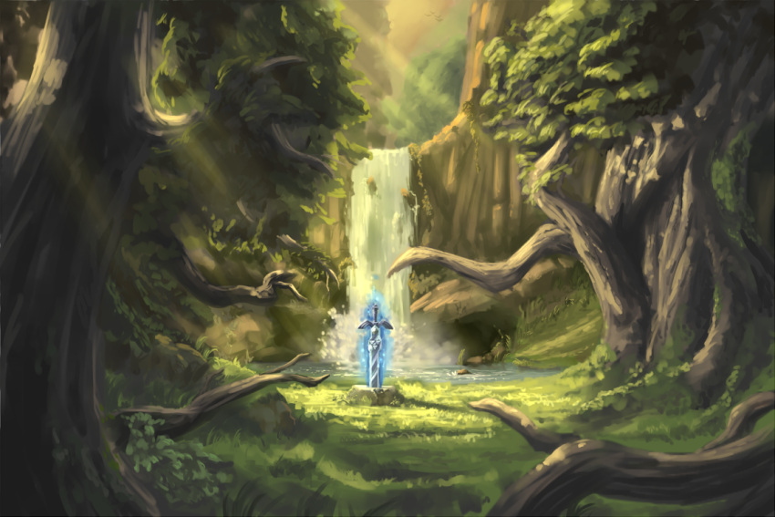 forest glowing glowing_sword glowing_weapon glv light_rays master_sword nature no_humans planted_sword planted_weapon sword the_legend_of_zelda tree water waterfall weapon