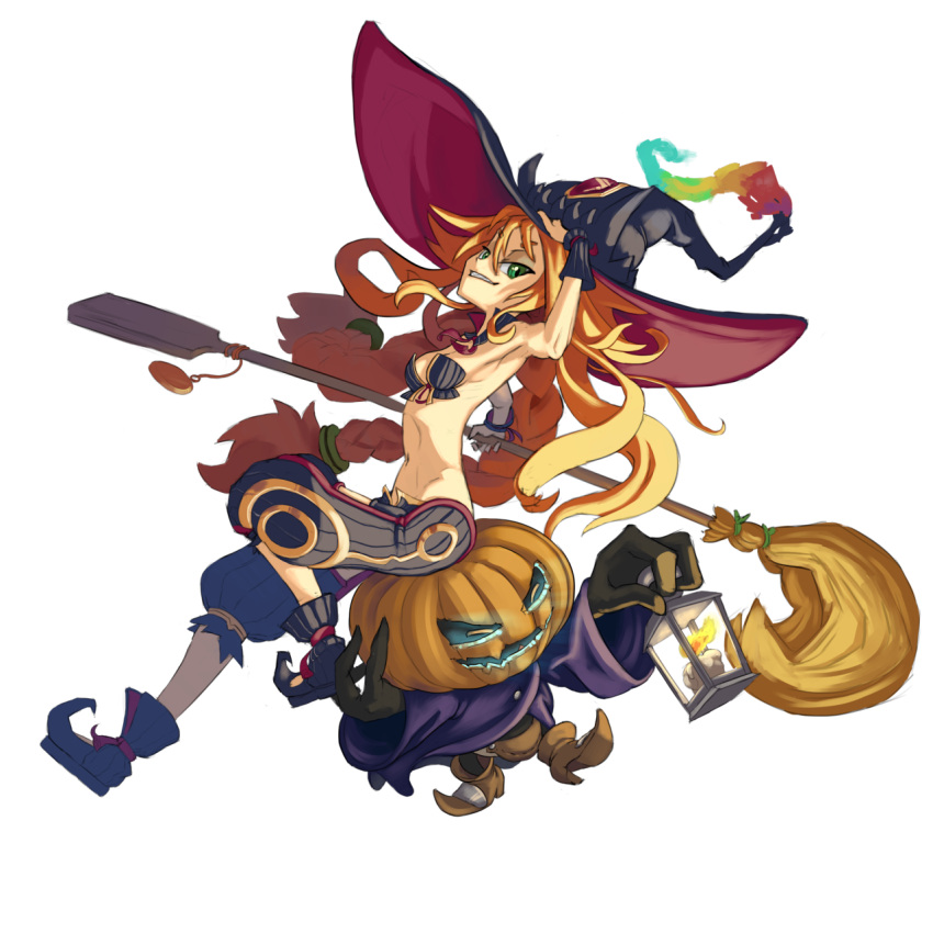 1girl baggy_pants blonde_hair braid breasts broom disgaea eyeshadow full_body glv green_eyes grin hat highres hyakkihei impossible_clothes jack-o'-lantern lantern long_hair majo_to_hyakkihei makai_senki_disgaea_2 makeup metallica_(majo_to_hyakkihei) navel pants sharp_teeth small_breasts smile solo teeth transparent_background twin_braids very_long_hair witch_hat wrist_cuffs