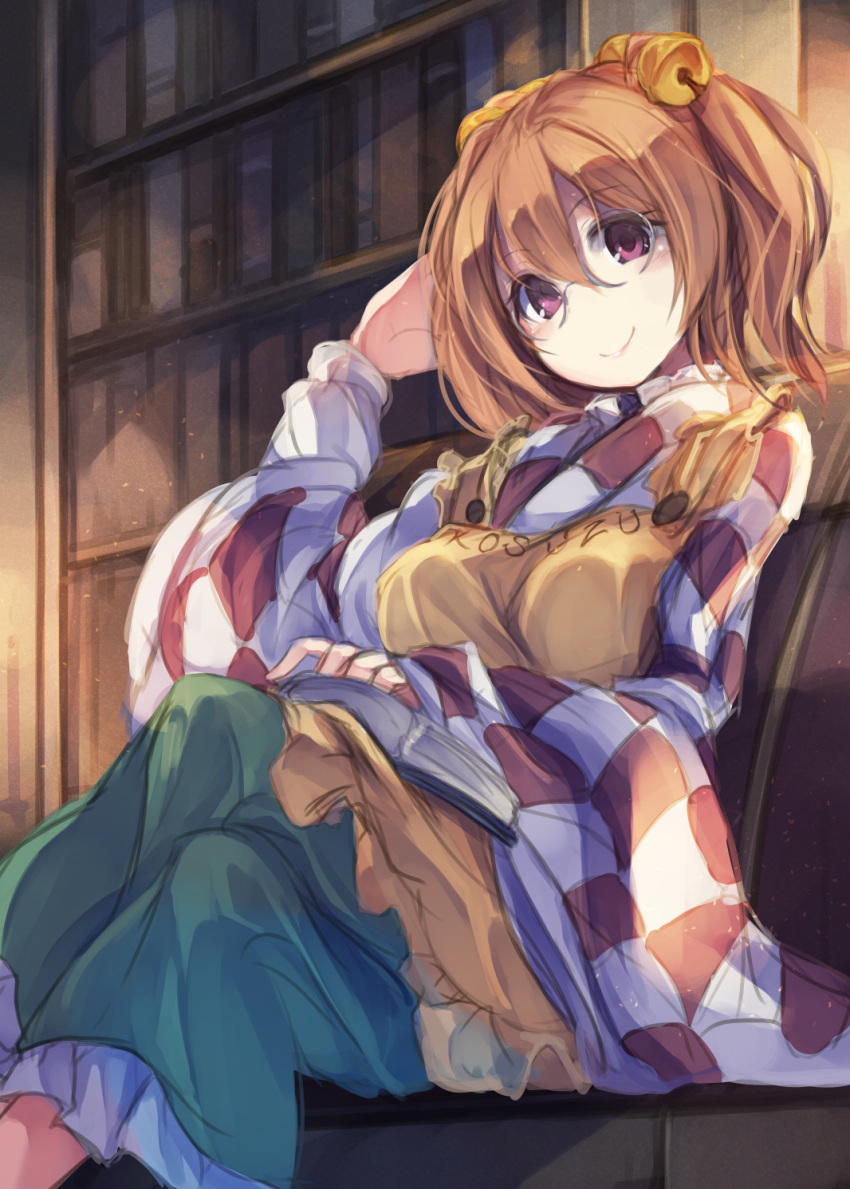 1girl apron bell blush book bookshelf character_name checkered checkered_shirt closed_mouth clothes_writing fal_maro glasses hair_bell hair_ornament highres japanese_clothes jingle_bell kimono legs_crossed long_sleeves looking_at_viewer motoori_kosuzu orange_hair pink_eyes rimless_glasses shirt short_hair sitting skirt smile solo touhou two_side_up vest wide_sleeves