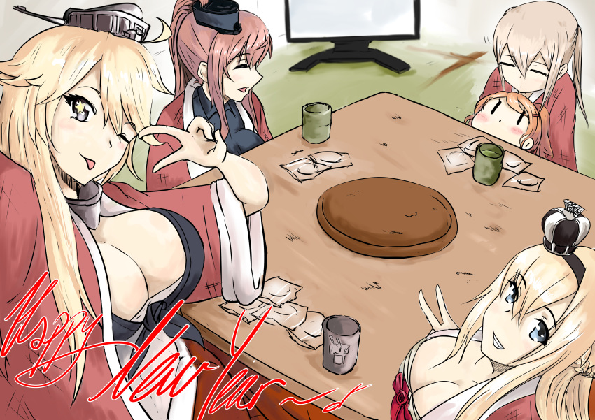 5girls absurdres aquila_(kantai_collection) auburn_hair blonde_hair breasts cleavage closed_eyes crown cup graf_zeppelin_(kantai_collection) grin happy_new_year headgear highres iowa_(kantai_collection) kantai_collection kotatsu large_breasts long_hair mini_crown multiple_girls new_year one_eye_closed open_mouth orange_hair robe saratoga_(kantai_collection) sidelocks smile solid_oval_eyes star star-shaped_pupils symbol-shaped_pupils table television tongue tongue_out twintails v warspite_(kantai_collection) zaimoku_(244138514)