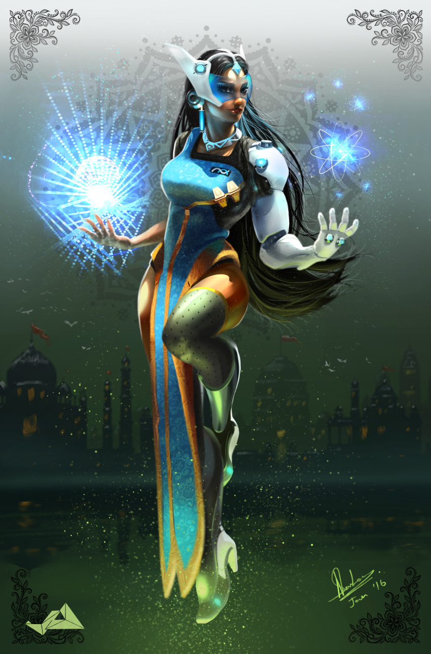 1girl absurdres black_hair black_legwear blue_dress boots breasts brown_eyes cyborg dark_skin dated dress earrings eyebrows eyelashes eyeshadow fingernails forehead_jewel full_body greaves headgear high_heel_boots high_heels highres hologram jewelry jit-art knee_boots light_smile lips long_hair looking_at_viewer makeup mechanical_arm medium_breasts nail_polish necklace nose overwatch red_lips side_slit signature solo standing standing_on_one_leg symmetra_(overwatch) thigh-highs very_long_hair visor weapon