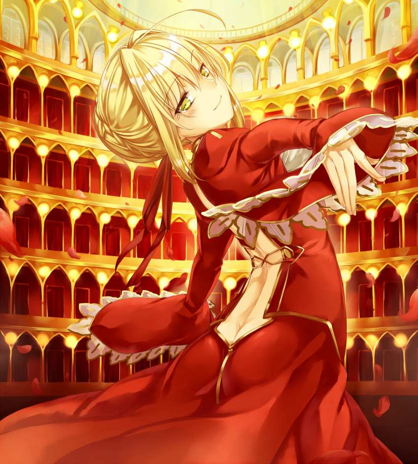 1girl ahoge ass blonde_hair blush butt_crack colosseum commentary_request dress epaulettes fate/extra fate_(series) green_eyes hair_intakes highres looking_at_viewer open-back_dress outstretched_arms red_dress saber_extra saijou_yukina smile solo wide_sleeves