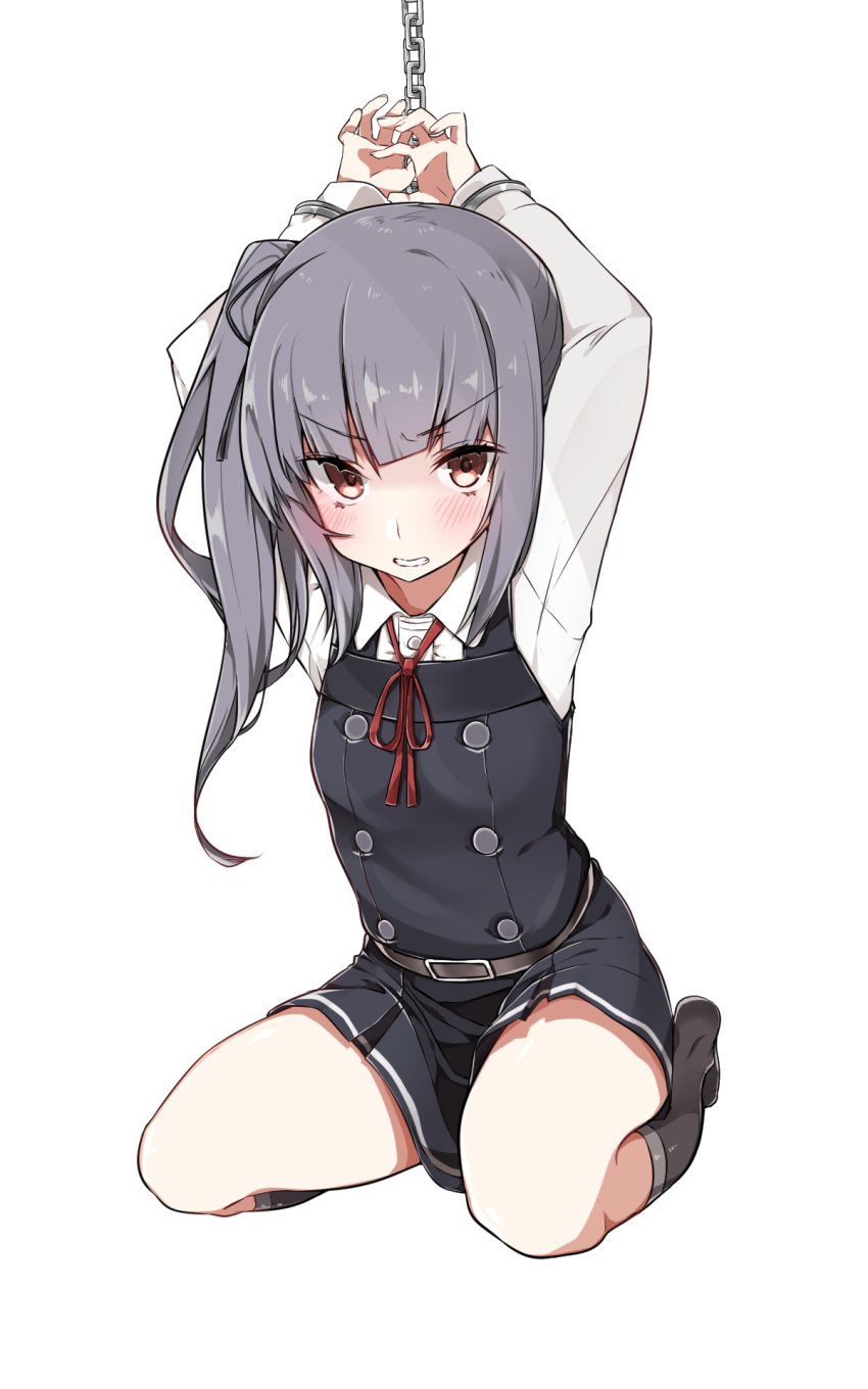1girl angry bdsm black_legwear blush bound bound_wrists brown_eyes buttons clenched_teeth cuffs dress full_body grey_hair highres kantai_collection kasumi_(kantai_collection) kneehighs long_hair long_sleeves looking_at_viewer mitsudoue pinafore_dress red_ribbon remodel_(kantai_collection) ribbon school_uniform shackles shirt side_ponytail sitting sleeveless sleeveless_dress solo teeth white_shirt