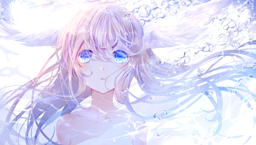 1girl air_bubble arms_at_sides bangs bare_shoulders blonde_hair blue_eyes blush close-up collarbone crying crying_with_eyes_open eyebrows_visible_through_hair feathered_wings floating_hair hair_between_eyes head_wings long_hair looking_at_viewer original parted_lips solo tareme tears teeth tlla topless underwater wings
