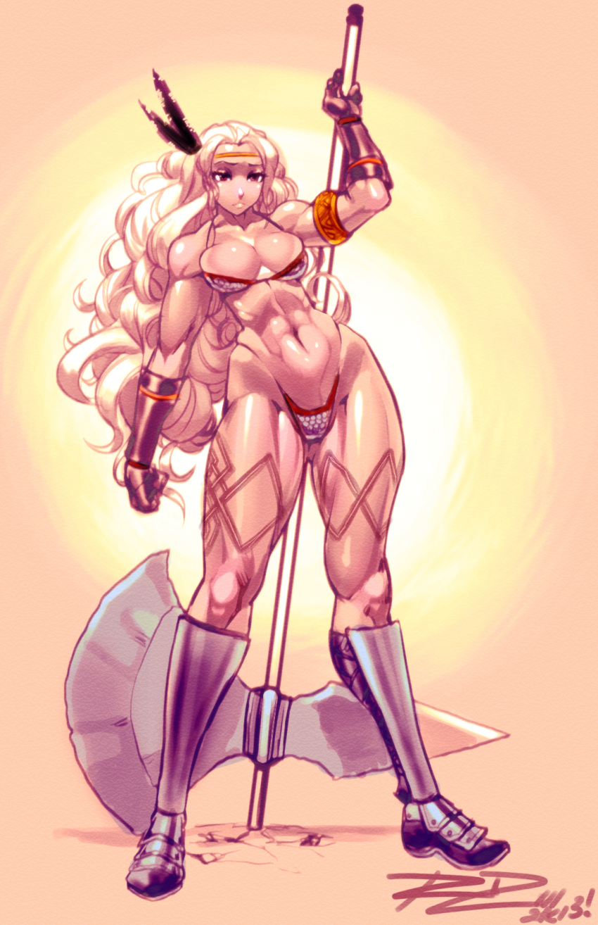 1girl abs amazon_(dragon's_crown) armlet armor bikini bikini_armor blonde_hair boots breasts circlet contrapposto dragon's_crown feathers gloves greaves halberd highleg highleg_bikini highleg_swimsuit highres huge_weapon large_breasts long_hair long_legs muscle muscular_female navel over_shoulder polearm red_eyes robert_porter solo swimsuit tattoo thick_thighs thighs wavy_hair weapon weapon_over_shoulder wide_hips
