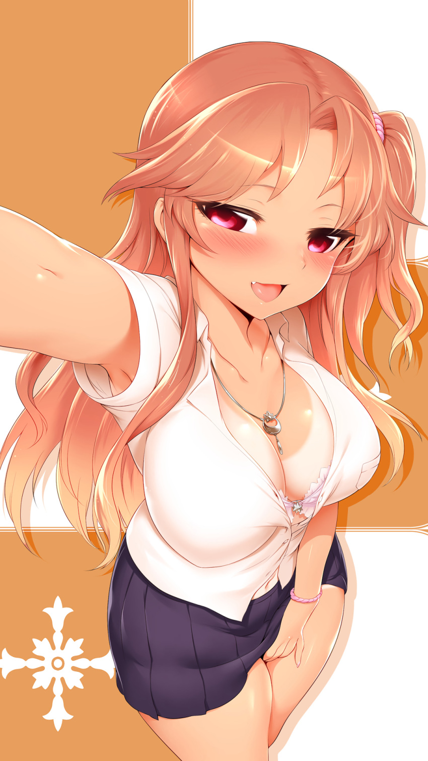 1girl :d arm_up armpits between_thighs blush bra breasts cleavage collarbone fang fingernails foreshortening highres jewelry large_breasts light_brown_hair long_fingernails m-da_s-tarou nail_polish navel necklace one-piece_tan one_side_up open_mouth original pink_bra pink_eyes pinky_out pleated_skirt school_uniform sidelocks skirt smile solo tan tanline underwear wristband